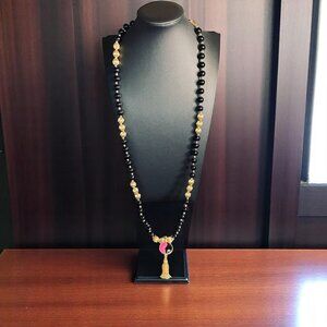 Avon Beaded Necklace Gold Black Pink‎ Yin Yang Tassel Pendant Retro Y2K Style